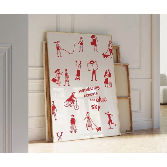 Trendy Red Hand Drawn Sketch People Illustration, Stretched Canvas 8x10in