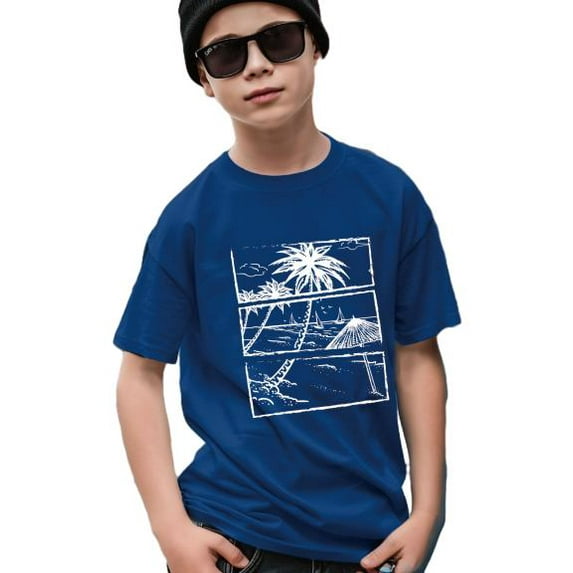 Trendy Retro Beach Anime Print Casual Short Sleeve T-shirt For Big Boys, Comfy Lightweight Versatile Breathable Summer Tee Sizes 7-15