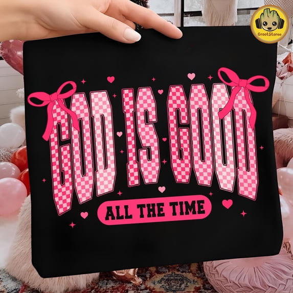 Trendy Retro Checkered T-Shirt with 'God Is Good' Design for Valentine's Day