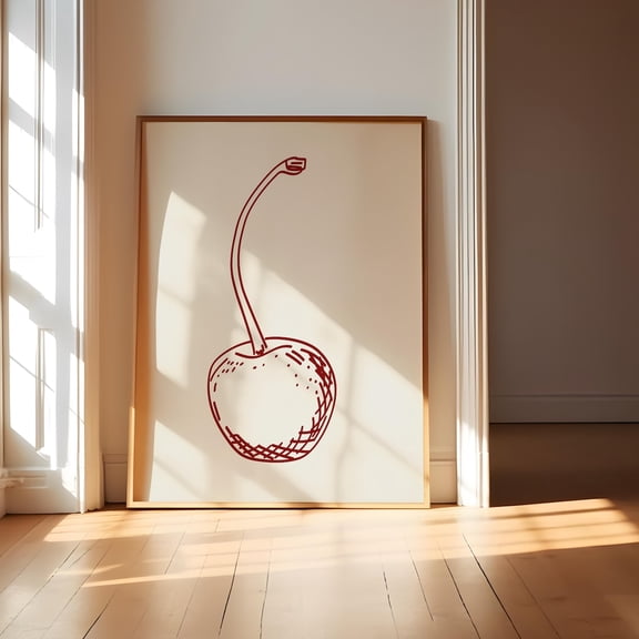 Trendy Retro Cherry Print — Line Art Fruits, Retro,Modern Kitchen Wall Art, Bar Cart Wall Prints, Cocktail Print Arts, Poster, Stretched Canvas Size 16x24