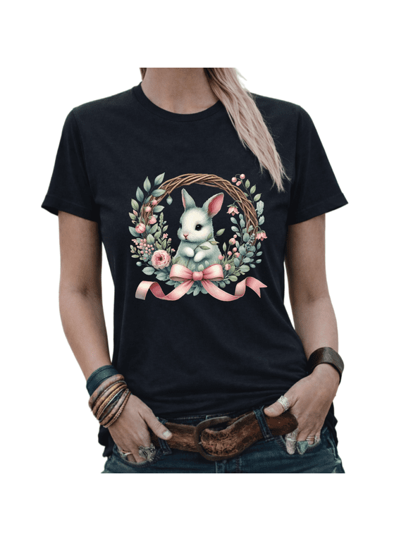 Trendy Retro Easter Bunny Watercolor Wreath Graphic Tees Womans T-shirt White/Black S-5XL Tops