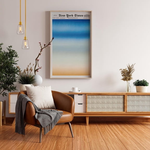 Trendy Retro New York Times Wall Art, Nyt Gradient Poster, Modern Coastal Blue Beige Newspaper Poster, Neutral Typography Girly Room Decor, Stretched Canvas Size 12x18