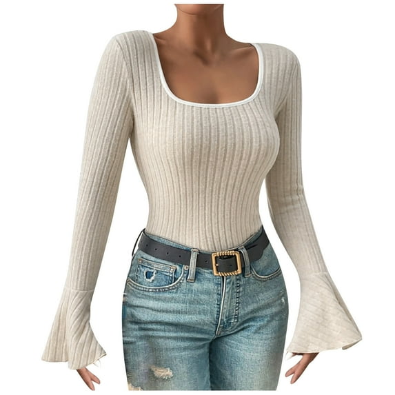 Trendy Ribbed Knit Tops for Women Teens Slim Fit Y2k Style Square Neck Long Bell Sleeve Tees Crop Sweaters (Medium, Khaki)
