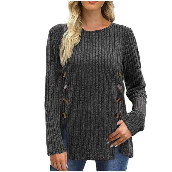 Trendy Ribbed Knit Tops for Women with Side Split Buttons Round Neck Fall Winter Casual Blouses Pullover Sweaters (Small, Black)