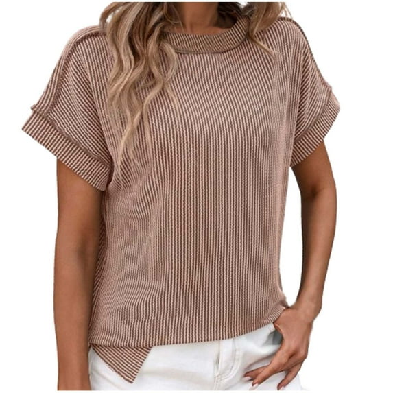 Trendy Ribbed Womens Tops Summer Short Sleeve Loose Casual T Shirts Tops