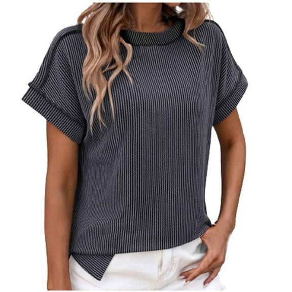 Trendy Ribbed Womens Tops Summer Short Sleeve Loose Casual T Shirts Tops