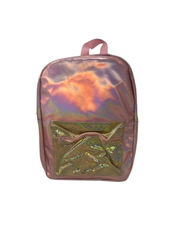 Trendy Rose Gold Holographic Backpack Shiny Metallic Daypack with Quilted Pocket Detail for School & Travel