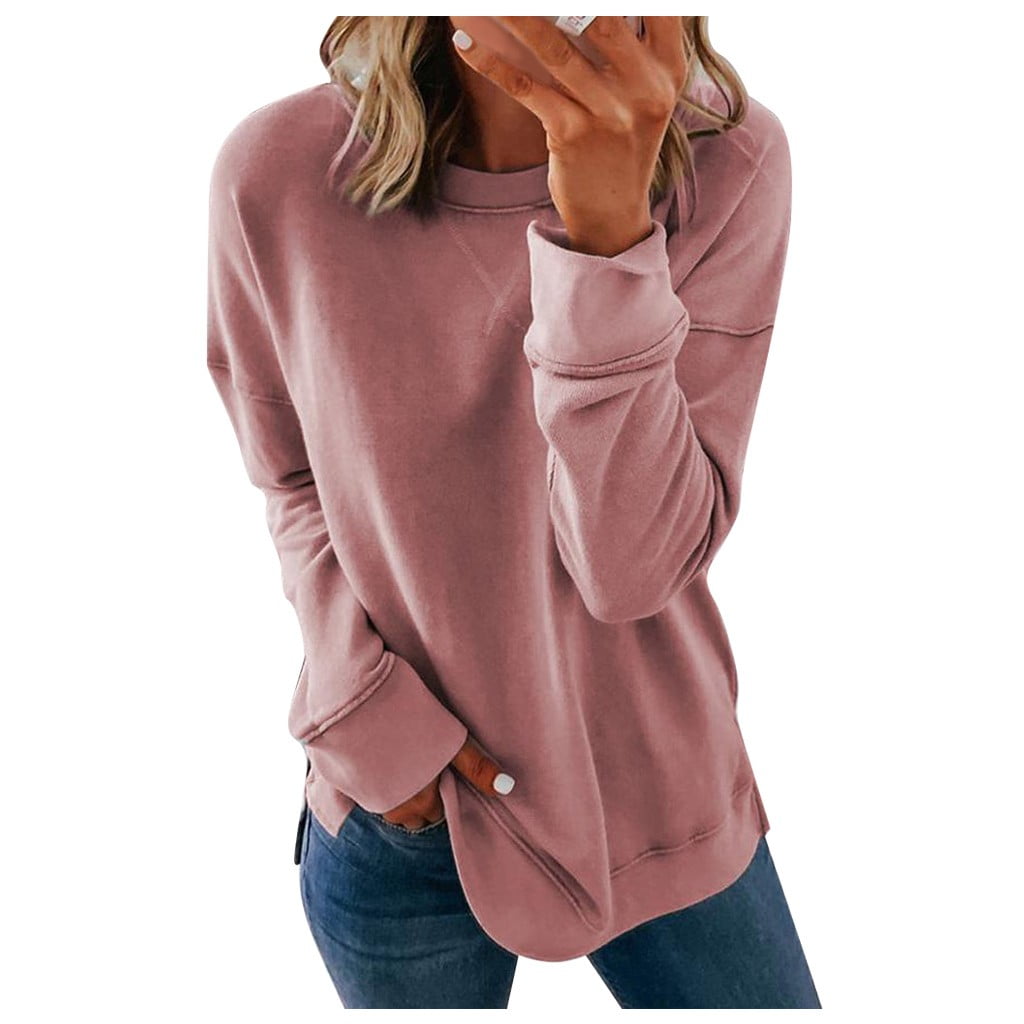 Czhjs Western Tops for Ladies Plus Size Tops Solid Color Sweatshirts Trendy Round Neck Pullover Long Sleeve T Shirts Womens Fall Fashion Loose Tunic