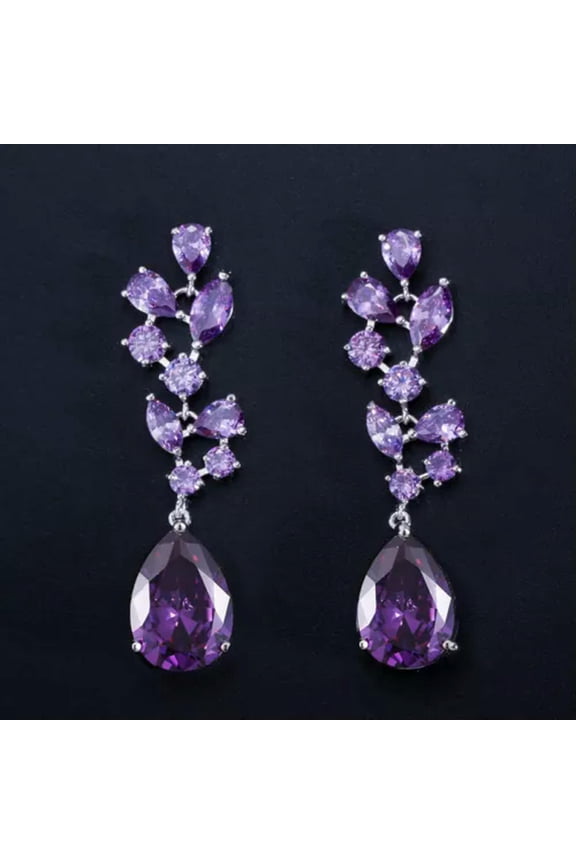 Trendy Royal Blue Cubic Zircon Long Leaf Drop Bridal Wedding Earrings for Women