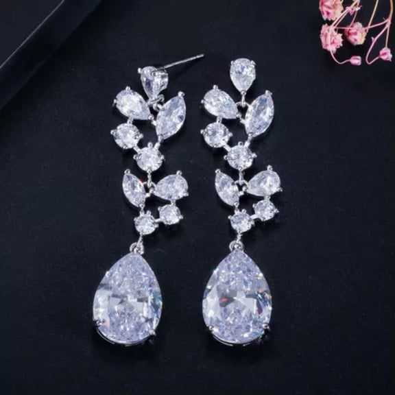 Trendy Royal Blue Cubic Zircon Long Leaf Drop Bridal Wedding Earrings for Women