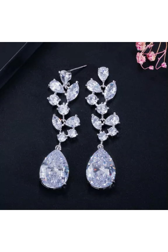 Trendy Royal Blue Cubic Zircon Long Leaf Drop Bridal Wedding Earrings for Women