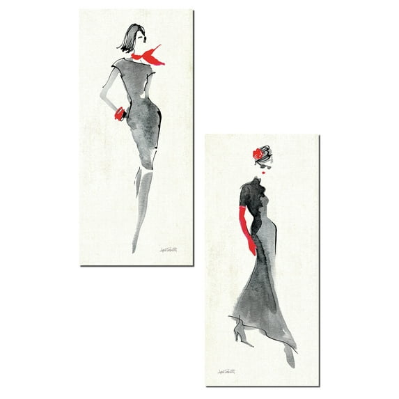 Trendy Runway Fashion Model Sketch Panel Sets by Anne Tavoletti; Two 8x18in Paper Posters