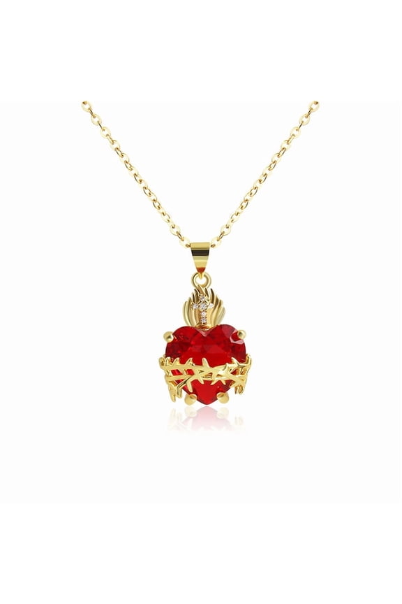 Trendy Sacred Necklace Of Jesus Red Zircon Heart Pendant Cross Choker For Women Jewelry Party Gifts