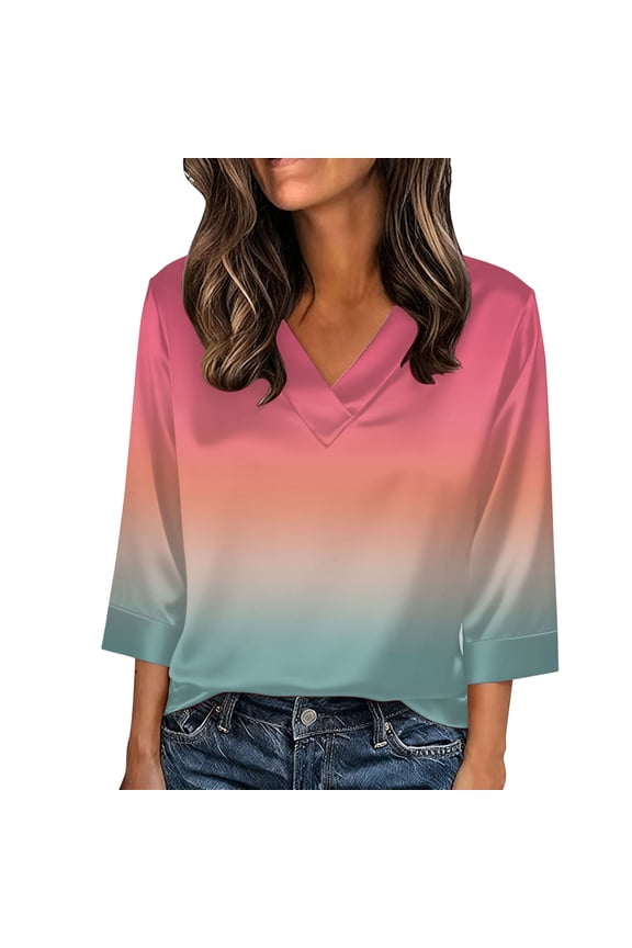 Trendy Satin Shirts Womens Plus Size 3/4 Sleeve Silk Tops V Neck Soft Smoothing Loose Pullover Spring Summer(Orange, 2XL)