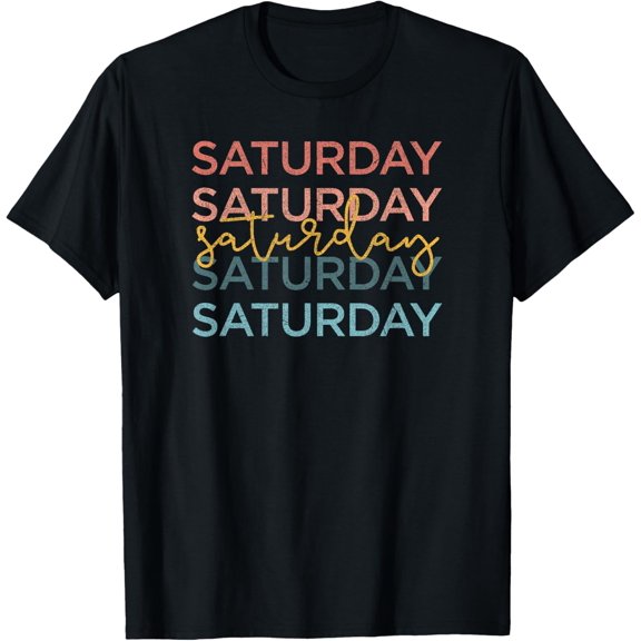 Trendy Saturday Rainbow Text Word Stack T-Shirt men and women can wear, black, white, gifts
