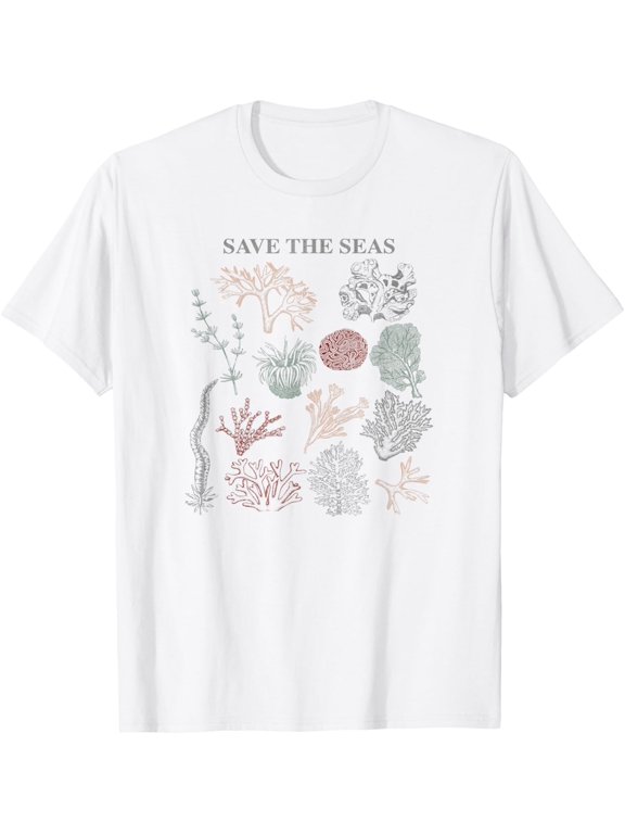 Trendy Save The Seas Coral Reef Identification Chart T-Shirt men and women can wear, black, white, gifts