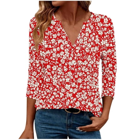 Womens Loose Fit Tops Womens Shirts Pleated Tops for Women 3/4 Length Sleeves Women's Work Blouses My Reorder List Fashion Gifts