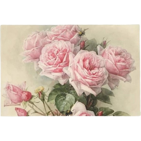 Trendy Shabby Pink Victorian Roses Kitchen Doormat Elegant Classic Romantic Floral Door Mat Non Slip Flower Bedroom Bathroom Rug 20X31.5Inch