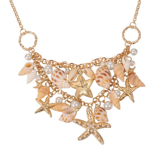 Trendy Shell Bib Beach Necklaces Starfish and Conch Pendants with Iron Chains and Brass Lobster Claw Clasps 19.6 inch(49.8cm) Golde