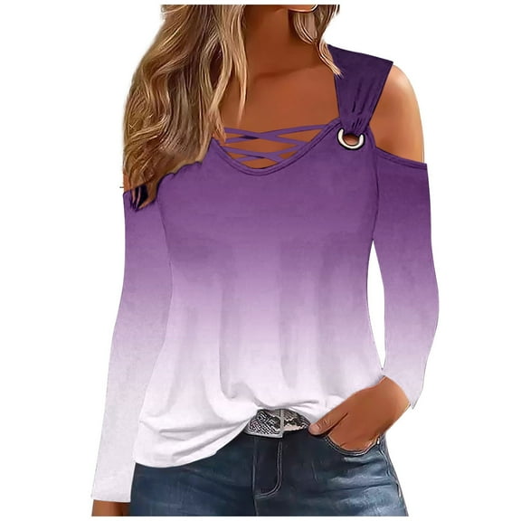 Trendy Shirt Tops for Women Summer Fall Sexy Cold Shoulder Casual Color Block Solid Long Sleeve V-Neck Blouses Loose Dressy Tops,Purple 4,L