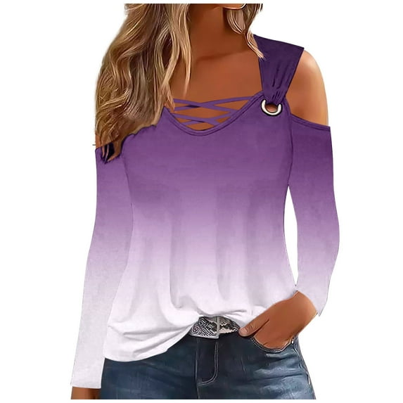 Trendy Shirt Tops for Women Summer Fall Sexy Cold Shoulder Casual Color Block Solid Long Sleeve V-Neck Blouses Loose Dressy Tops,Purple 4,L