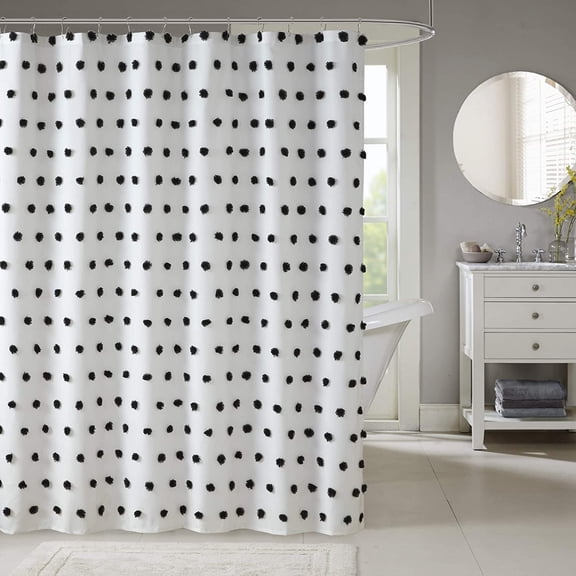 Trendy Shower Curtain with Textured Pom-Poms Accent, Modern Bathroom Dcor, Machine Washable Bath Privacy Screen, 72 in x 72 in, Black/White Black/White 72