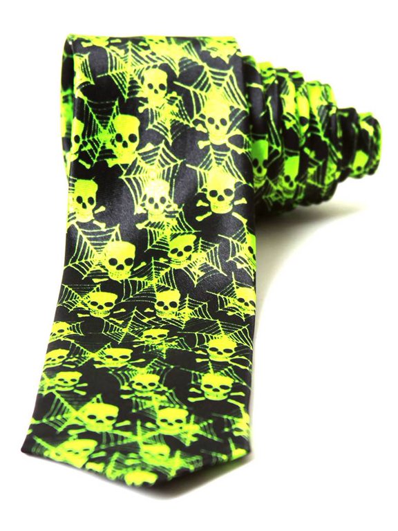 Trendy Skinny Tie - Black Lime Skulls and Spider Webs