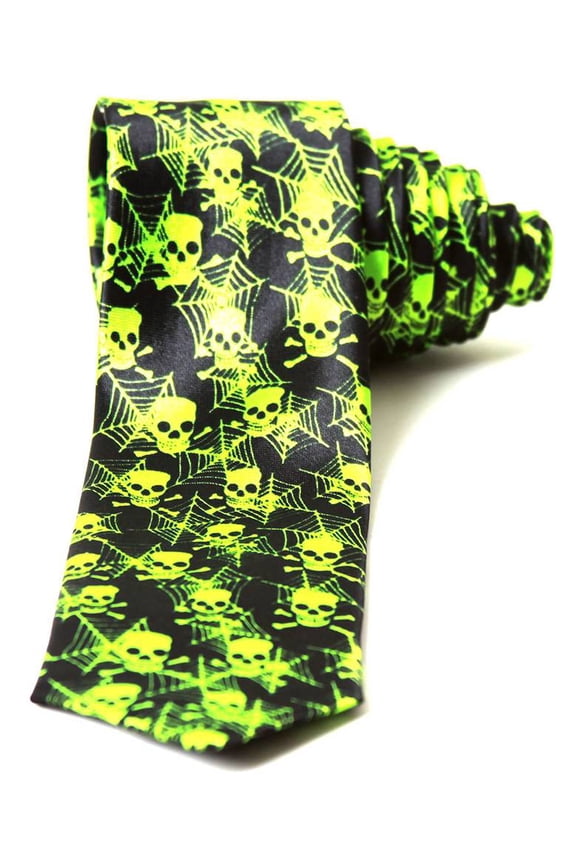 Trendy Skinny Tie - Black Lime Skulls and Spider Webs