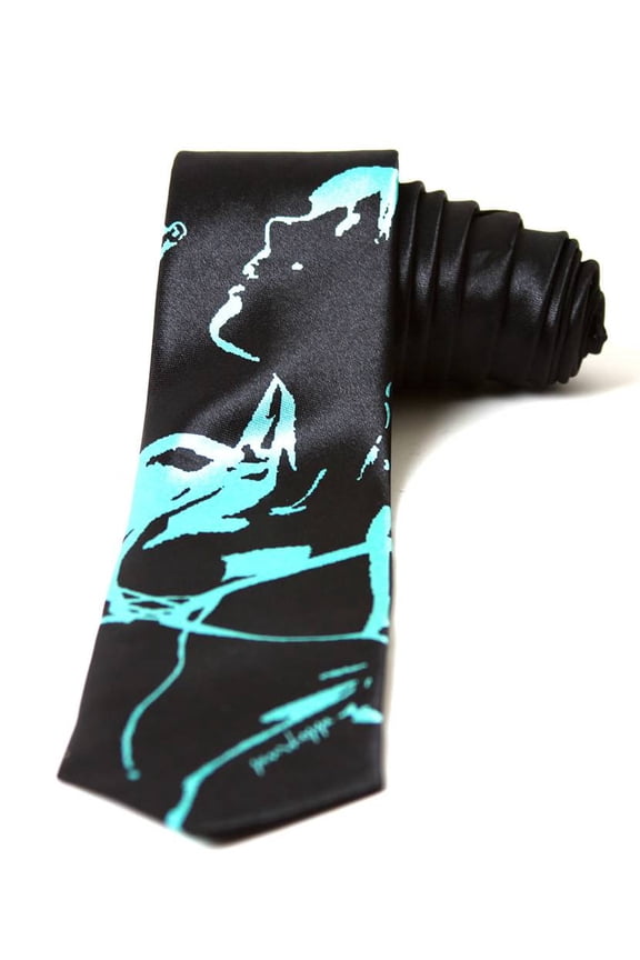 Trendy Skinny Tie - Black with Teal Lady in a Bikini Outline