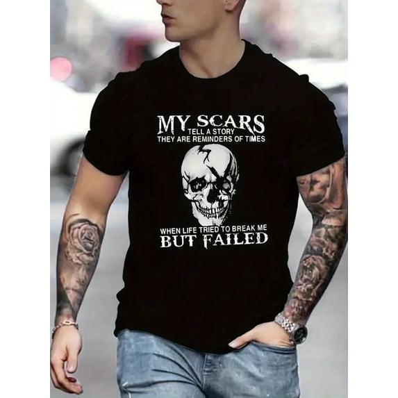 Trendy Skull & Slogan Pattern Print Men's T-shirt, Graphic Tee Men's Summer Clothes, Men's Outfits