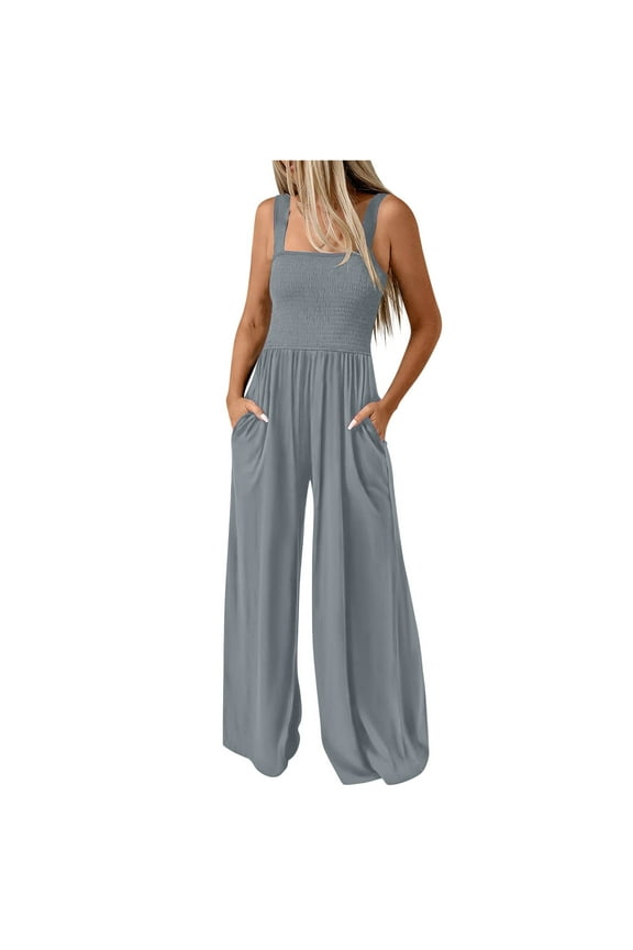 Trendy Smocked Jumpsuits Womens Casual Dressy Overalls One Piece Sleeveless Wide Leg Long Pant Rompers with Pockets (2XL, Gray)