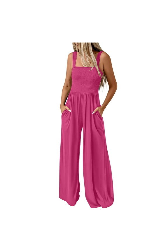 Trendy Smocked Jumpsuits Womens Casual Dressy Overalls One Piece Sleeveless Wide Leg Long Pant Rompers with Pockets (2XL, Hot Pink)