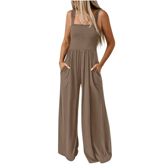 Trendy Smocked Jumpsuits Womens Casual Dressy Overalls One Piece Sleeveless Wide Leg Long Pant Rompers with Pockets (M, Khaki)