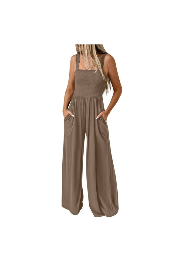 Trendy Smocked Jumpsuits Womens Casual Dressy Overalls One Piece Sleeveless Wide Leg Long Pant Rompers with Pockets (M, Khaki)