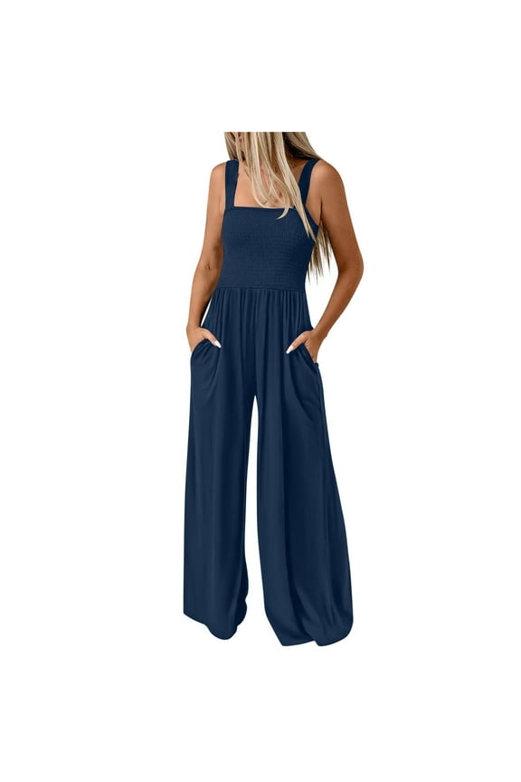 Trendy Smocked Jumpsuits Womens Casual Dressy Overalls One Piece Sleeveless Wide Leg Long Pant Rompers with Pockets (M, Navy)