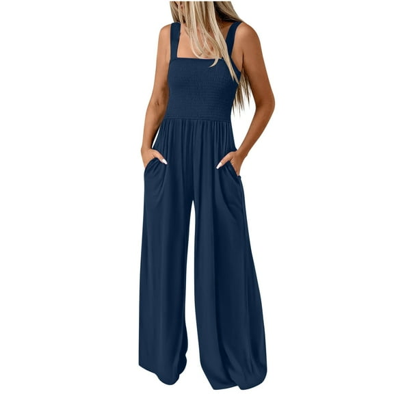 Trendy Smocked Jumpsuits Womens Casual Dressy Overalls One Piece Sleeveless Wide Leg Long Pant Rompers with Pockets (XL, Navy)