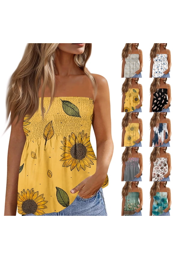 Trendy Smocked Tube Top for Women, Strapless Floral Print Peplum Blouse - Elastic Stretchy Boho Summer Camisole with Ruffle Hem White M
