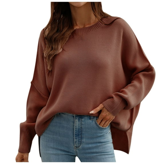 Trendy Solid Oversized Sweaters for Women Baggy Long Sleeve Slit Sweater Round Neck Pullover Sweater Tops