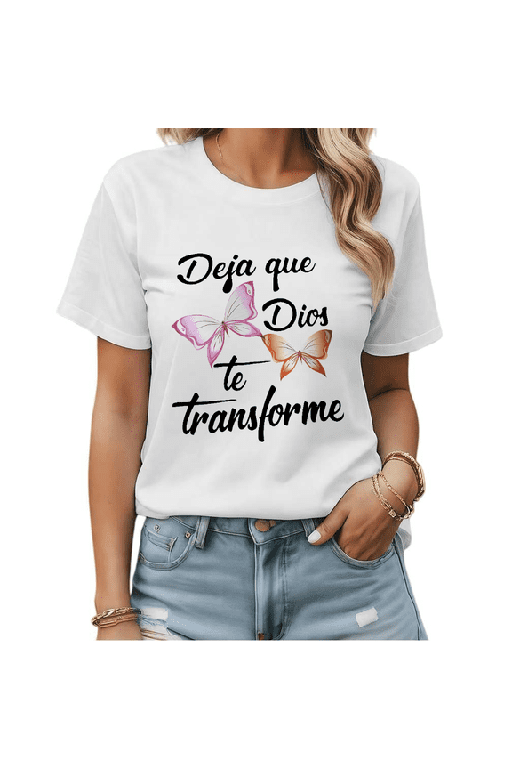 Trendy Spanish Quote Deja Que Dios Te Transforme Graphic Tees Womans T-shirt Black White S-5XL Tops