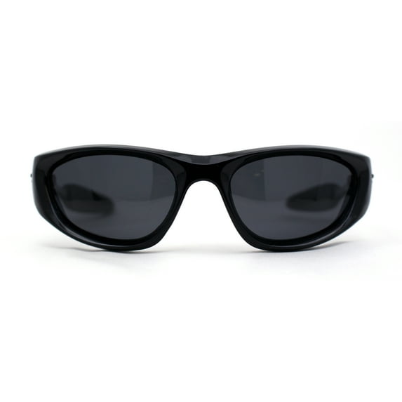 Trendy Sport Wrap Soft Tip Plastic Beveled Thick Plastic Sunglasses All Black