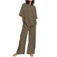 thumbnail image 1 of Trendy Spring Outfits for Women 2025 New Fashion Linen Sets 2 Piece Summer Outfits Solid Color Casual Short Sleeve T Shirts and Straight Leg Pants with Pockets Vacation Outfits Matching Set Brown L, 1 of 5