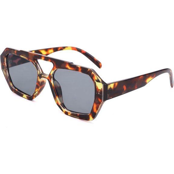 Trendy Square Aviator Sunglasses for Women Men Hexagonal Square Thick Frame Double Bridge Sun Glasses for Wide