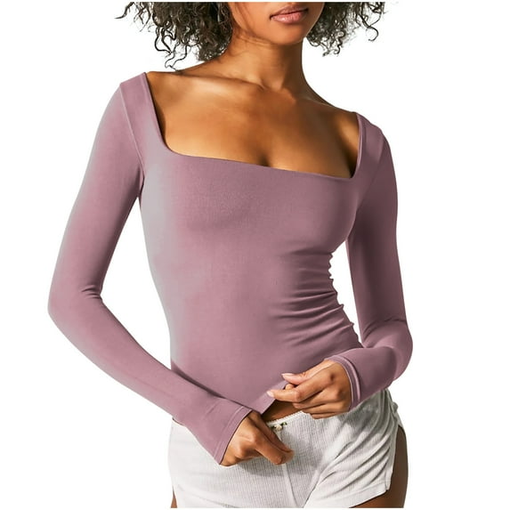 Trendy Square Neck Tops Womens 2025 Fashion Long Sleeve Slim Fit Crop Tee Tshirt Solid Sexy Casual Basic T Shirts (S, Beige)