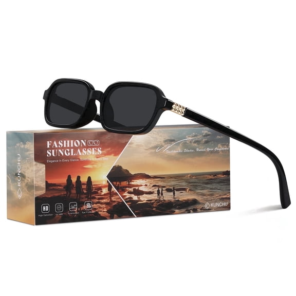 kunchu Trendy Square Sunglasses for Women Men Retro Rectangular Frame With UV Protection 90s Sun Glasses(Black/Gray)