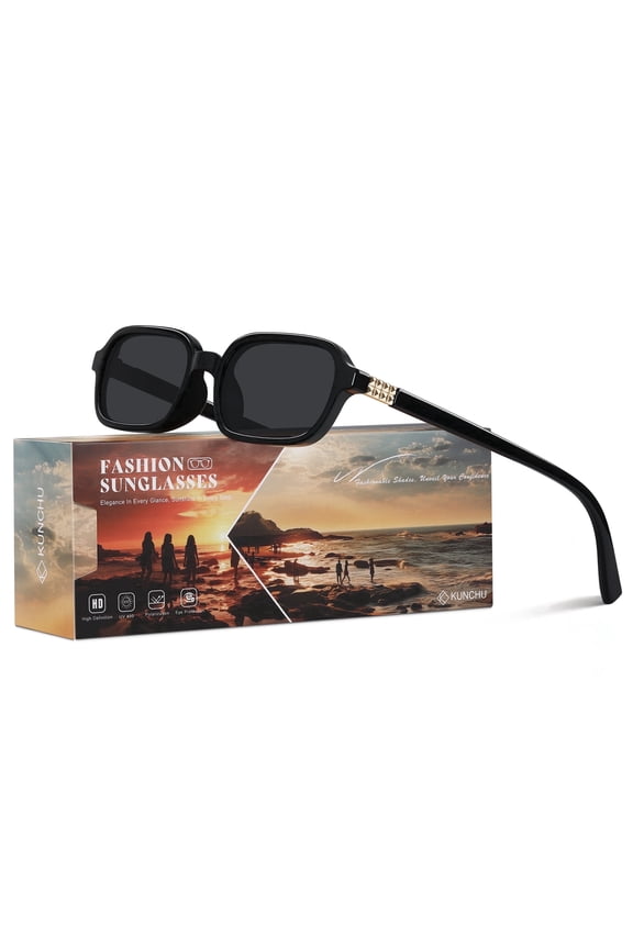 Trendy Square Sunglasses for Women Men Retro Rectangular Frame With UV Protection 90s Sun Glasses（Black/Gray）