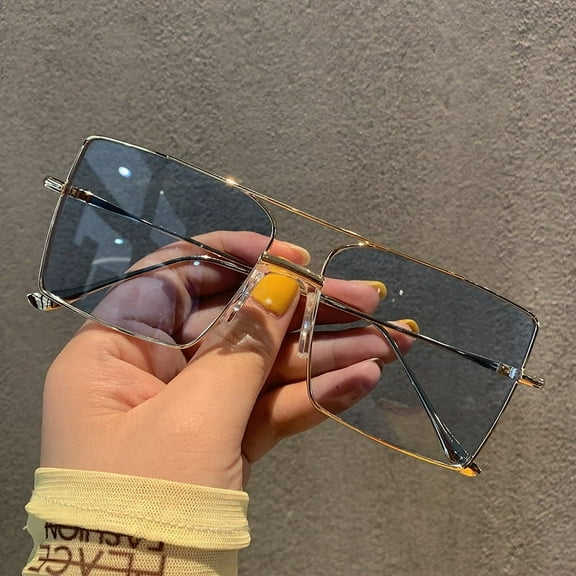 Womens Trendy Square Sunglasses Metal Frame Resin Lenses Large Face Thin Sunshade Fashion Eyewear Protection Sunglasses