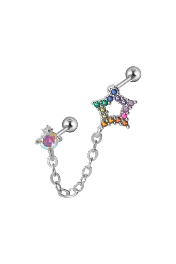 Trendy Stainless Steel Double Pierced Chain Ear Ring for Women Colorful Zircon Piercing Stud Earring Fashion Jewelry