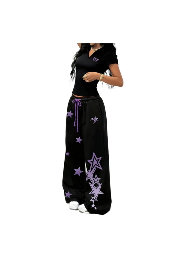 Trendy Star Print Baggy Gym Sweatpants Y2K Pants Streetwear Y2K Clothing Women High Waist Wide Leg Lounge Joggers with Pockets Women's Baggy Gothic Sweatpants