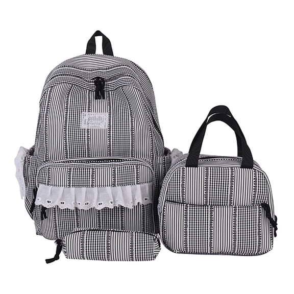Trendy Striped Backpack Set, Lace Trim School Backpack with Side Bows, Cute Aesthetic Laptop Backpack for Travel College Work, Blue