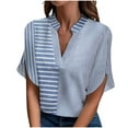 thumbnail image 1 of Trendy Striped Shirts for Women V Neck Split Short Sleeve Dressy Casual Blouses Summer Tops Loose Fit (S, Blue), 1 of 6